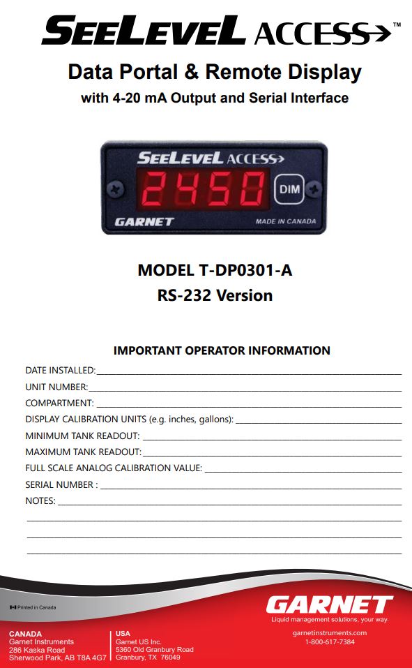 GARNET T-DP0301-A SEELEVEL ACCESS Data Portal and Remote Display User Manual