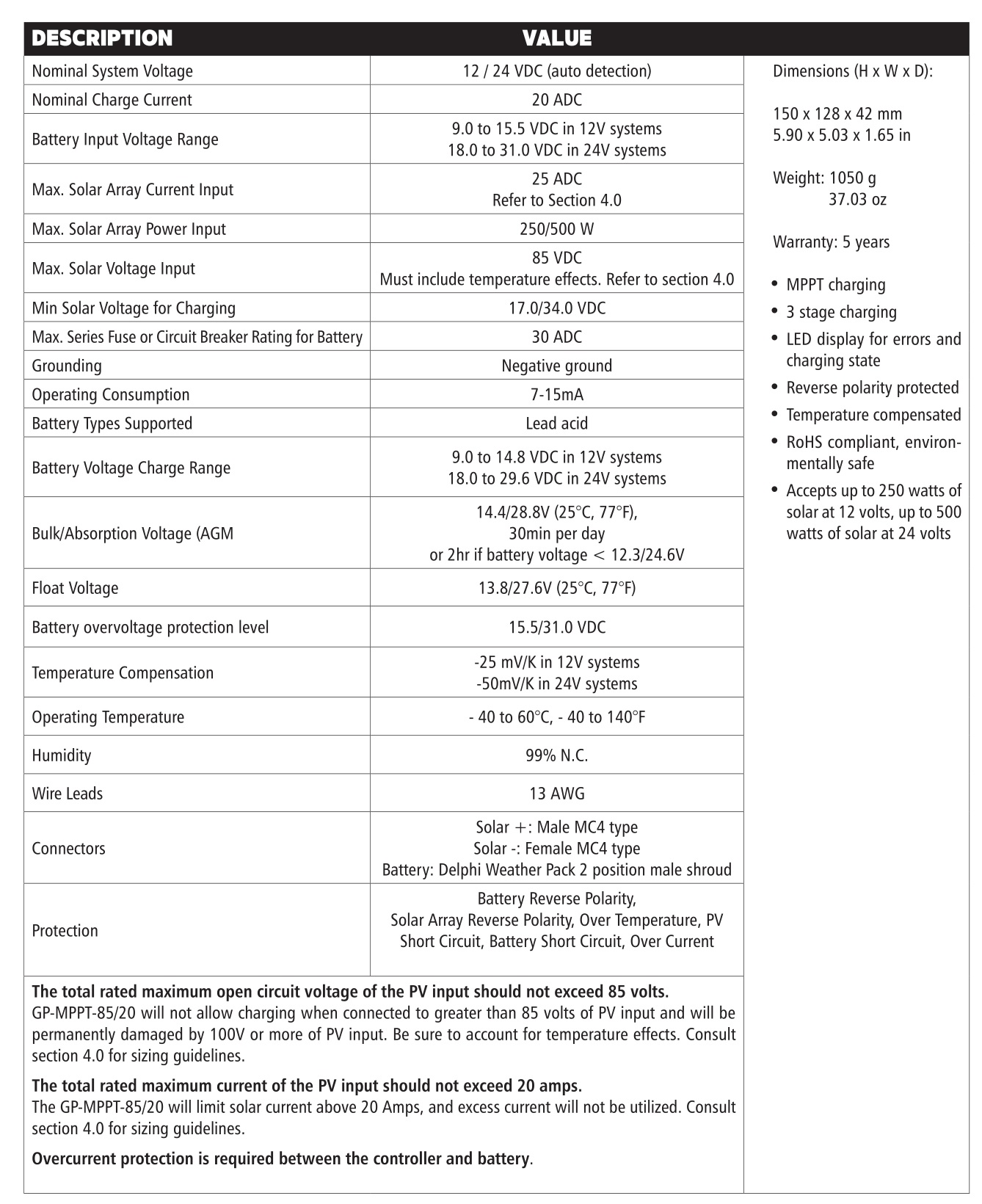 Go Power GP-MPPT-85 20 MPPT Solar Controller - SPECIFICATIONS