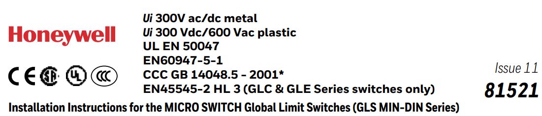 Honeywell 81521 Micro Switch Global Limit Switches Instruction Manual