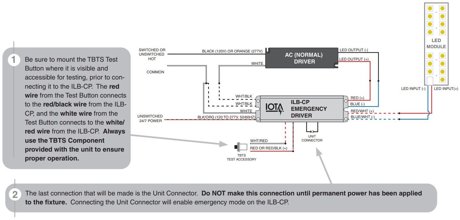 IOTA ILB-CP Series LED Emergency Driver Instruction Manual - Test Button and Unit Connector