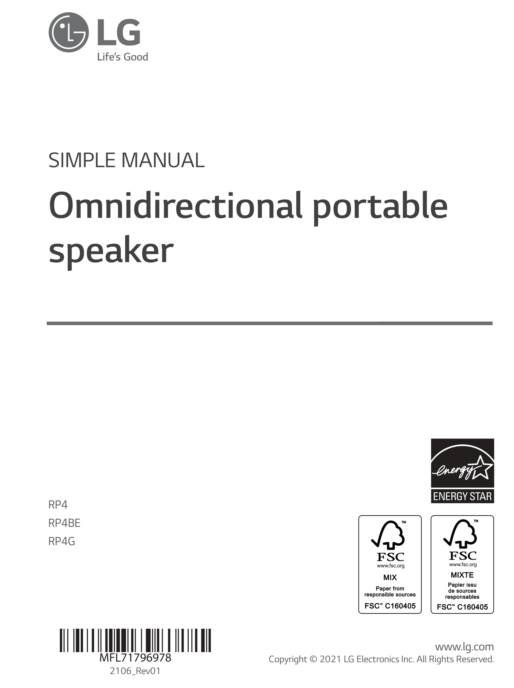 LG RP4G Omnidirectional Portable Speaker Owner's Manual