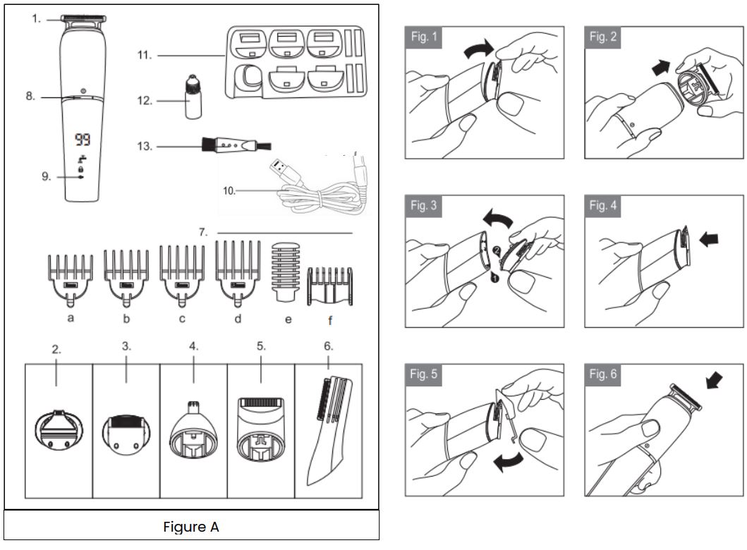 Livoo DOS196 Multifunction Hair Clipper and Beard and body Trimming Set Instructions - Fig 1,6