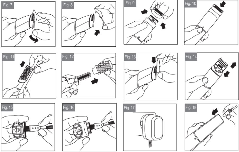 Livoo DOS196 Multifunction Hair Clipper and Beard and body Trimming Set Instructions - Fig 7,18