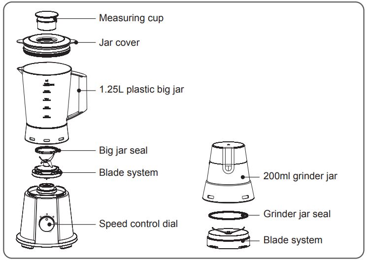 Midea MBL-35BK Table Blender Instruction Manual - Parts & features