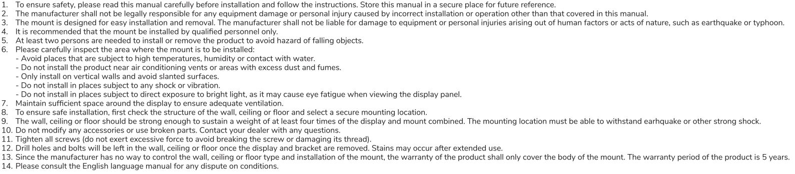 Neomounts WL30-350BL14 Newstar TV wall bracket Instruction Manual - Caution