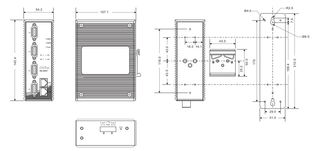 ORing IDS-342GT Industrial Secure Serial Port to Ethernet Device Server Installation Guide - Dimension