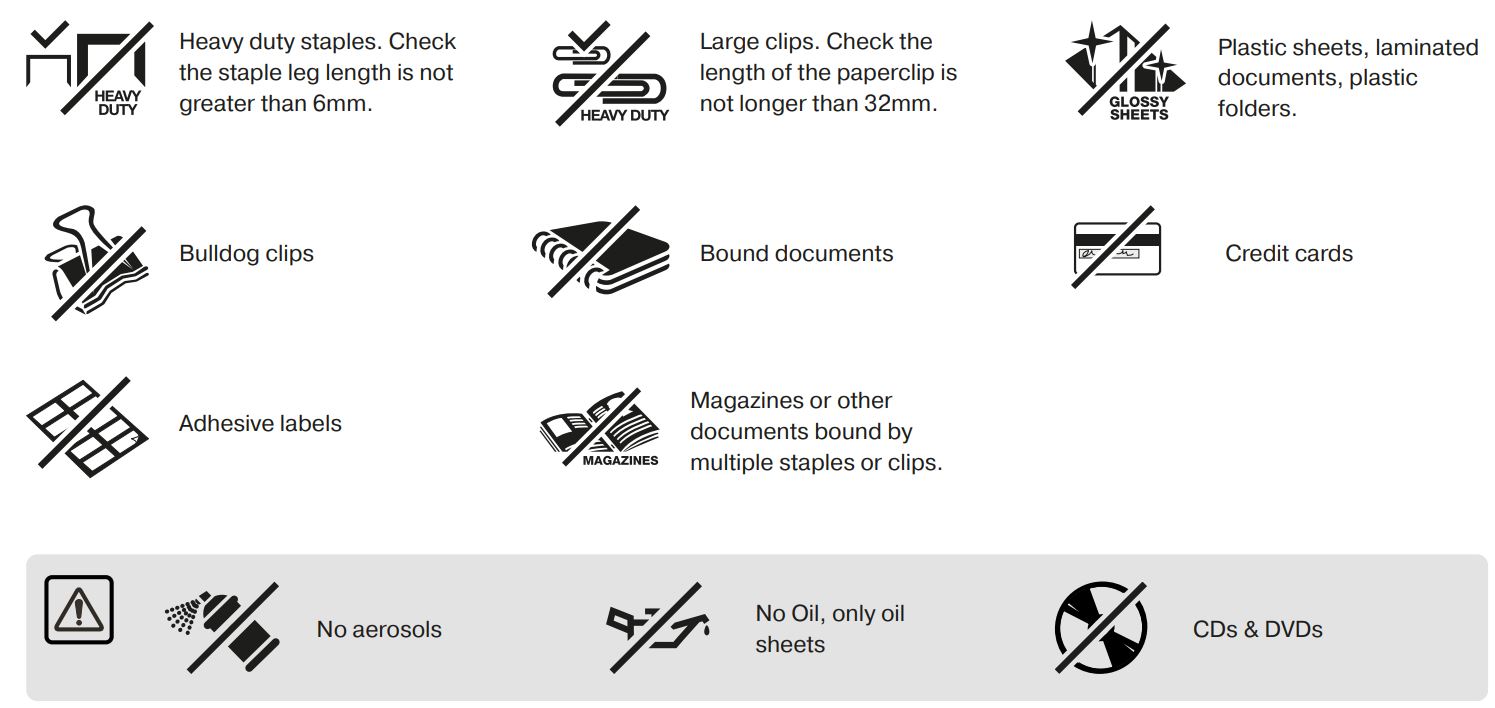 ReXel Secure X8 Cross Cut Paper Shredder Instruction Manual - CANNOT shred the following