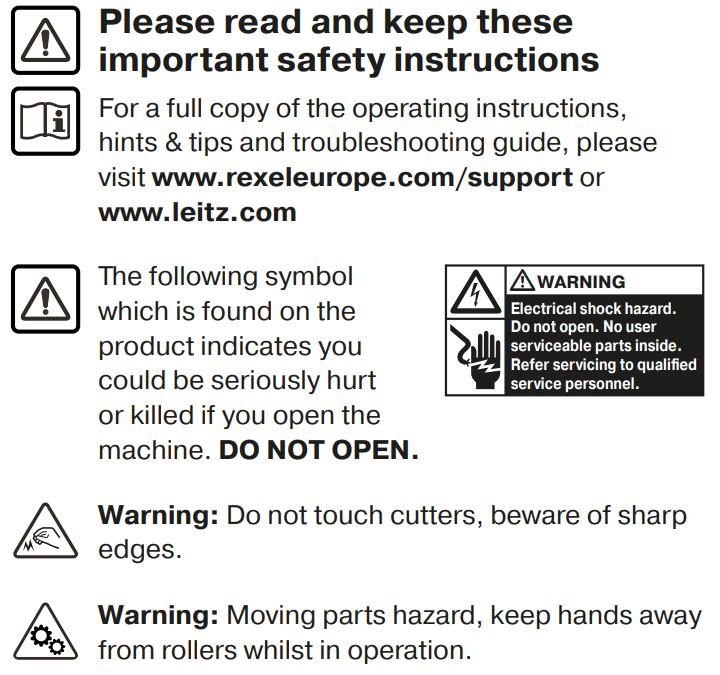 ReXel Secure X8 Cross Cut Paper Shredder Instruction Manual - Safety icon