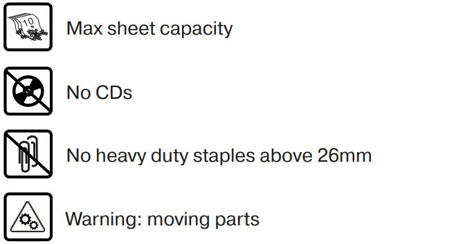 ReXel Secure X8 Cross Cut Paper Shredder Instruction Manual - Warning symbols