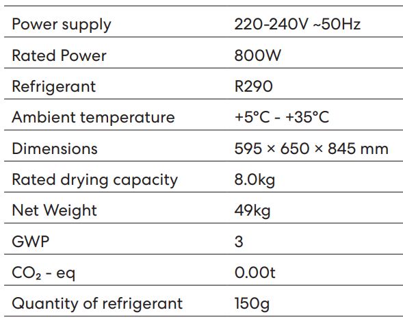 SOLT GGSHPD80 Heat Pump Dryer User Manual - Technical Data