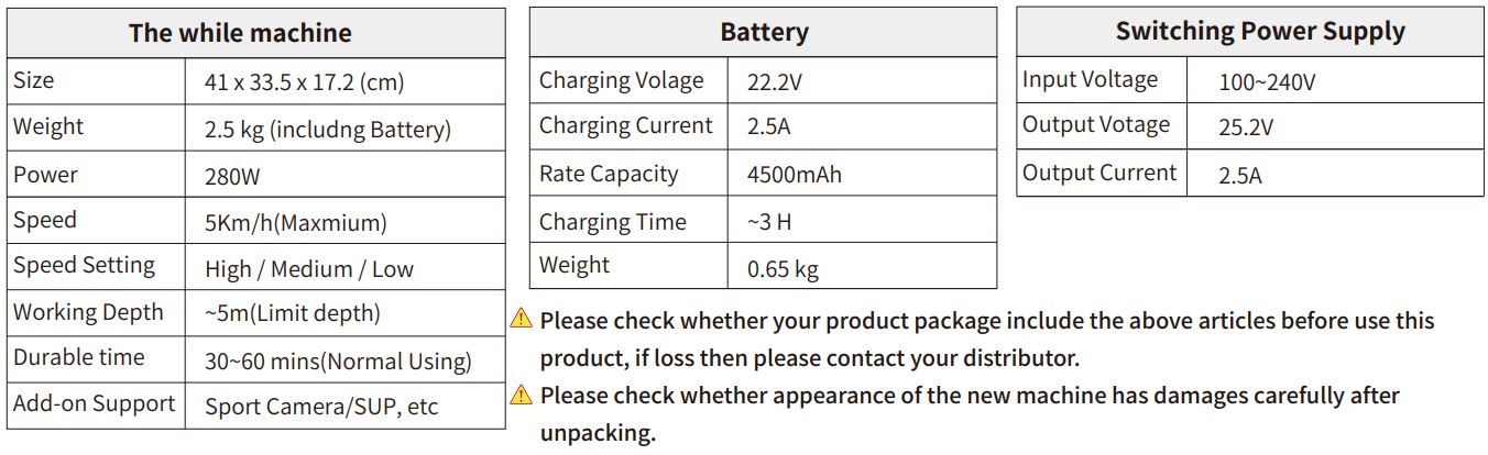 STERMAY M1 Underwater Scooter User Manual - Specification