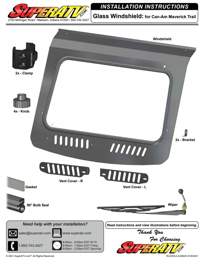 SUPERATV Glass Windshield for Can Am Maverick Trail Instruction Manual