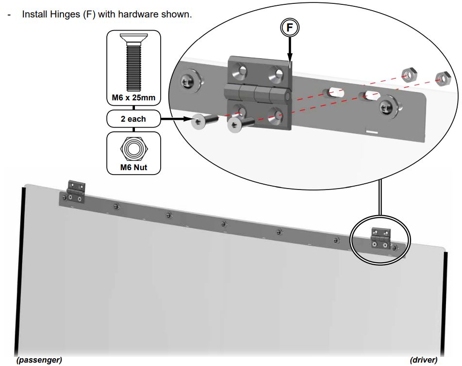 SUPERATV Polaris Ranger XP 900 Scratch Resistant Flip Windshield Instruction Manual - Install Hinges (F) with hardware shown
