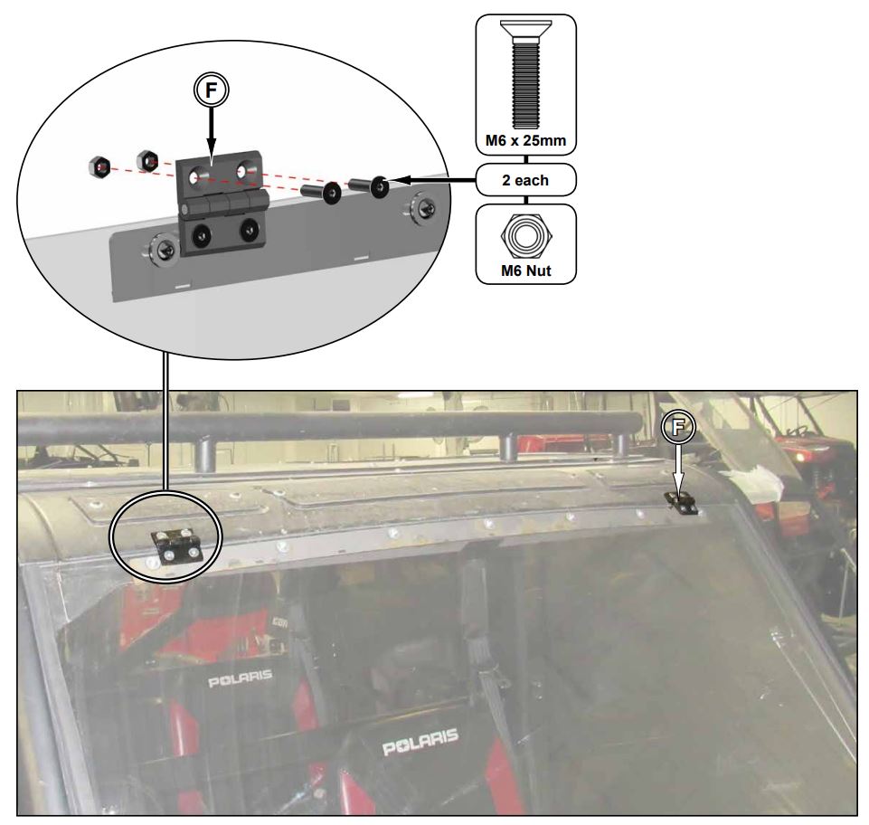 SUPERATV Polaris Ranger XP 900 Scratch Resistant Flip Windshield Instruction Manual - Place assembly onto machine and secure Hinges