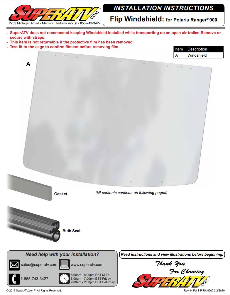 SUPERATV Polaris Ranger XP 900 Scratch Resistant Flip Windshield Instruction Manual