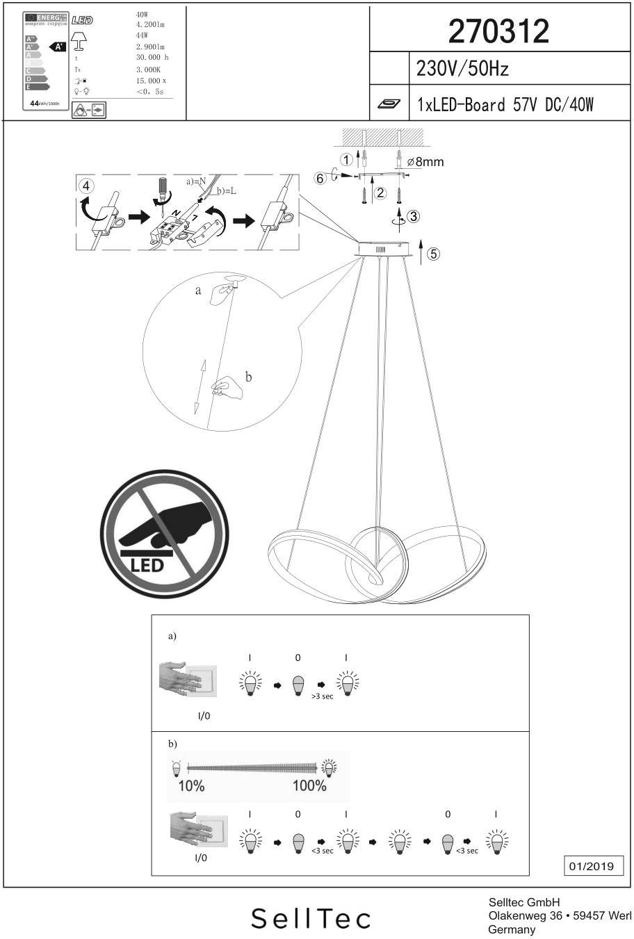 SellTec 11589055 LED Pendant Light Sensor Instruction Manual