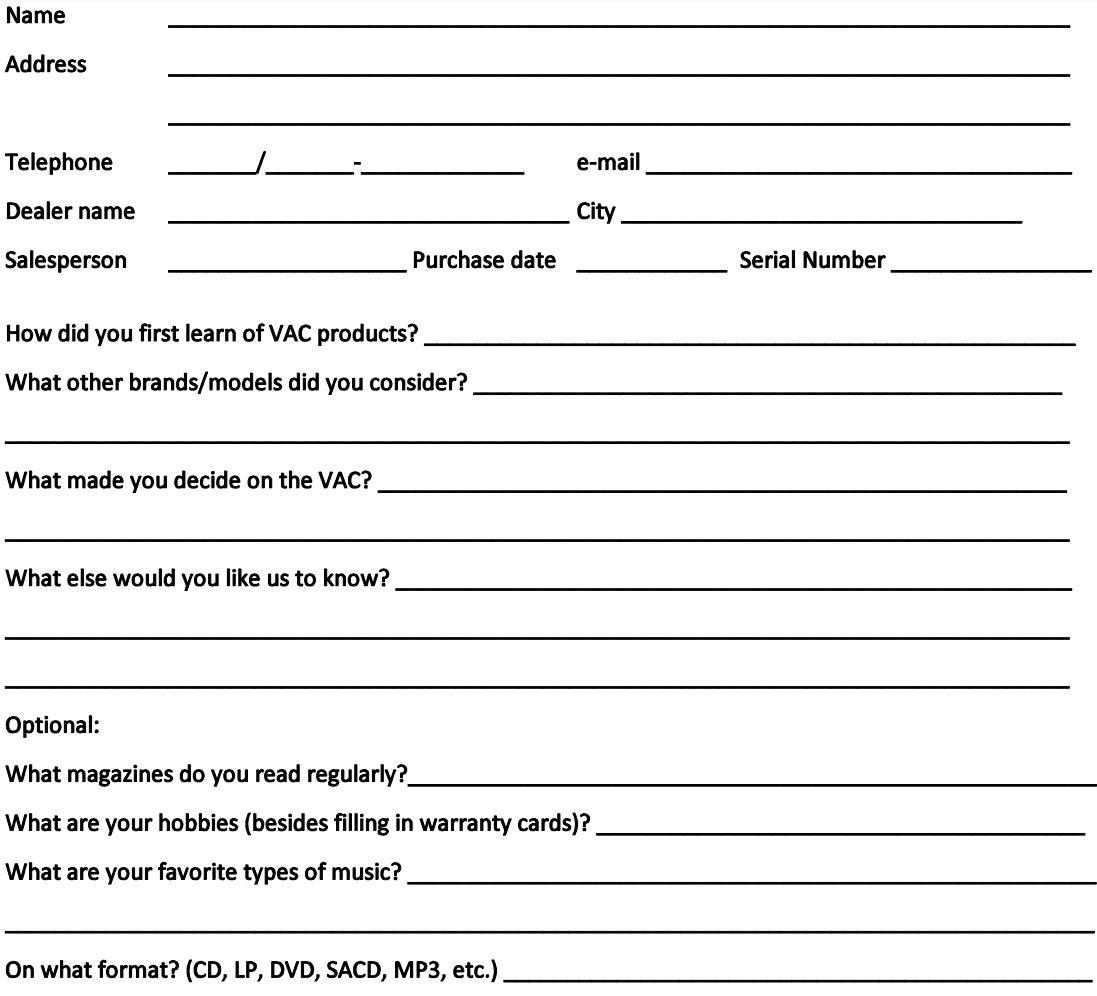 VAC Sigma 170i iQ Integrated Amplifier Instruction Manual - Address