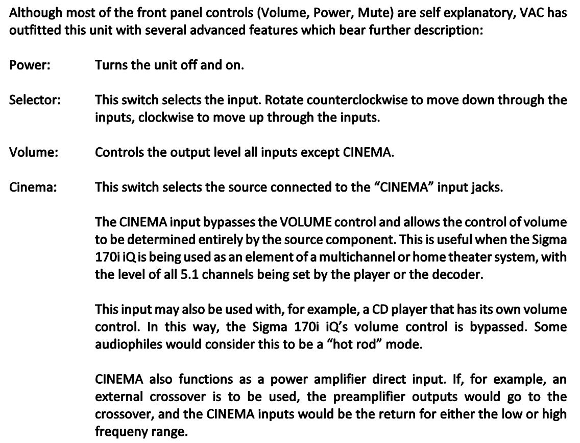 VAC Sigma 170i iQ Integrated Amplifier Instruction Manual - Front Panel Controls