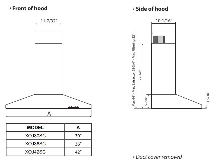XO Appliance XOJ30SC 30 Inch Wall Mount Chimney Range Installation Guide - DIMENSIONS