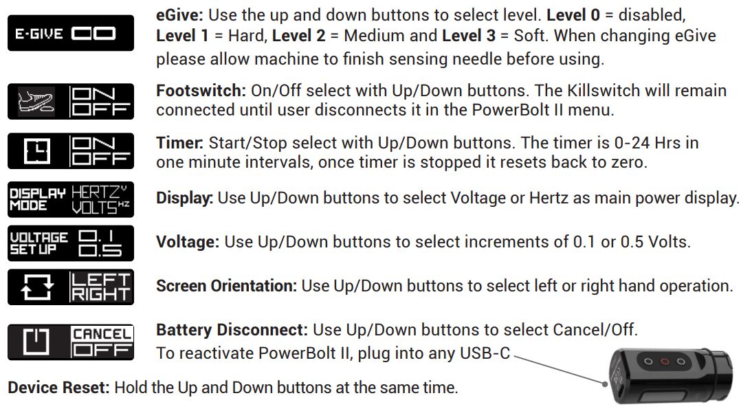 darklab PowerBolts II USB-C Battery User Manual - Modes Menu