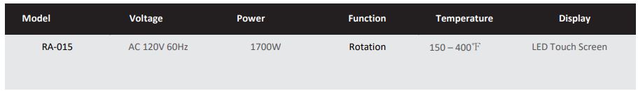 deco chef DCAIRD12BLK 12.7QT Digital Air Fryer Oven, with 3 Racks Instruction Manual - Unit Specifications