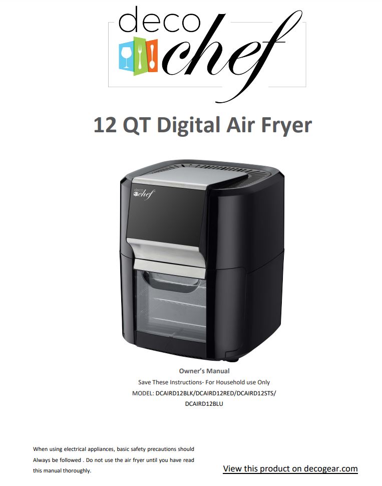 deco chef DCAIRD12BLK 12.7QT Digital Air Fryer Oven, with 3 Racks Instruction Manual