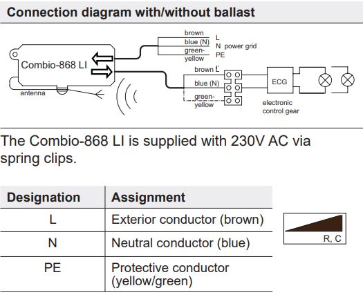 elero Combio-868 LI Built In Radio Receiver for Lighting Systems Instruction Manual - Terminal connection diagram