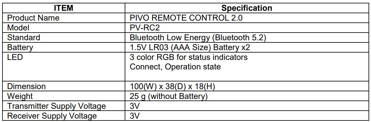 pivo Remote Control 2.0 Auto Tracking Smartphone Pod User Manual - General specification