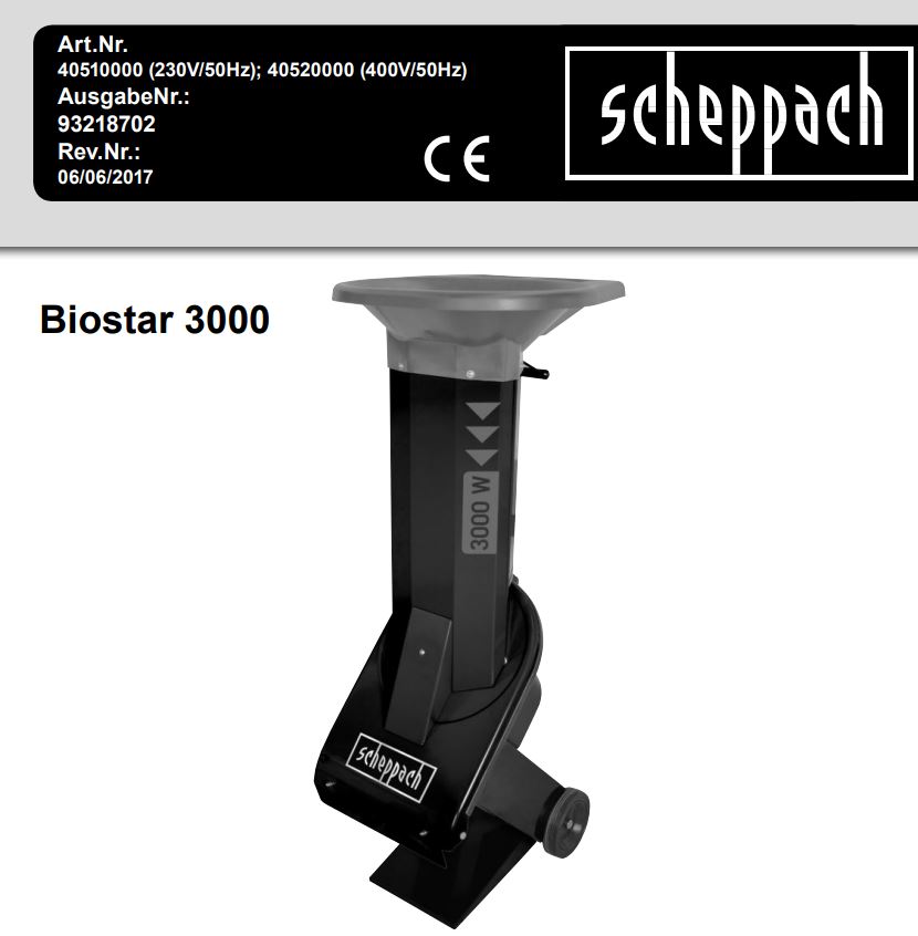 scheppach Biostar 3000 40510000 Jackets Garden Shredder Instruction Manual