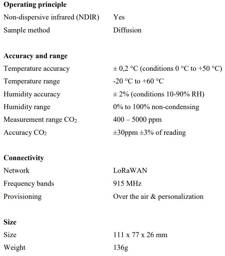 talkpool OY1211 LoRaWAN CO2 Meter User Manual - Specification