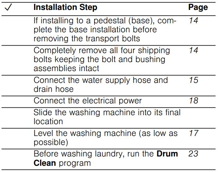 500 Series Compact Washer 1400 RPM WAW285H1UC User Manual - Installation checklist