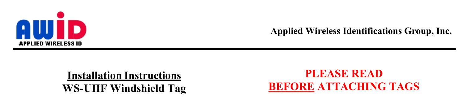 AWID WS-UHF Windshield Tag Instruction Manual