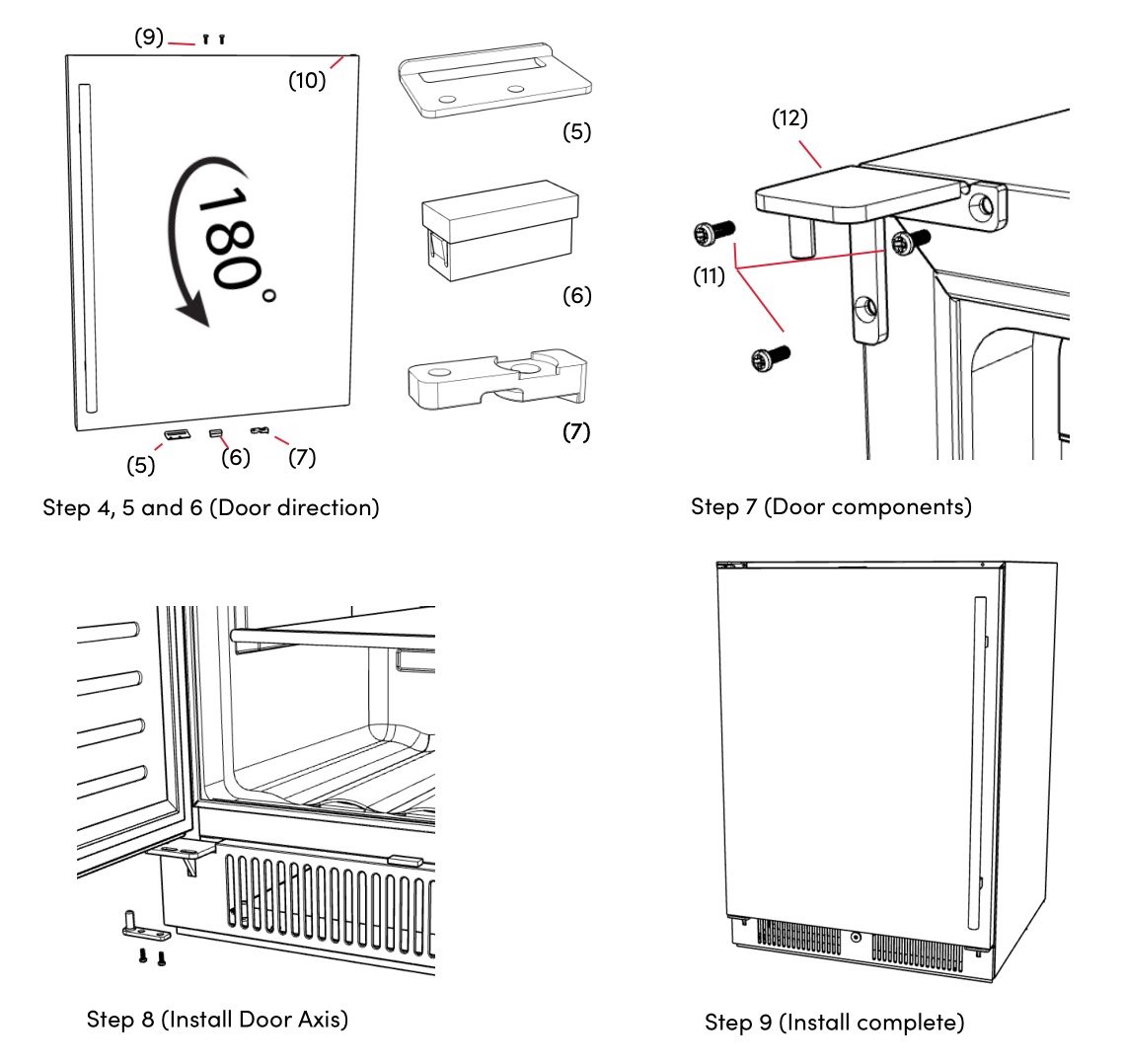 BLAZE BLZSSRF-15 Electric Refrigerator and Beverage Cooler - Install the lower door axis (2) and install the door (3) once correctly aligned.