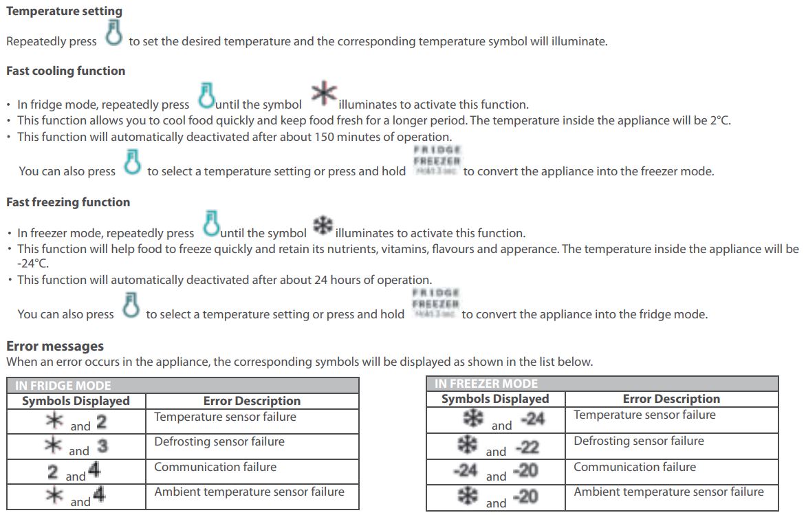 Continental Edison CECUF235NFW 238L Freezer User Manual - Temperature setting