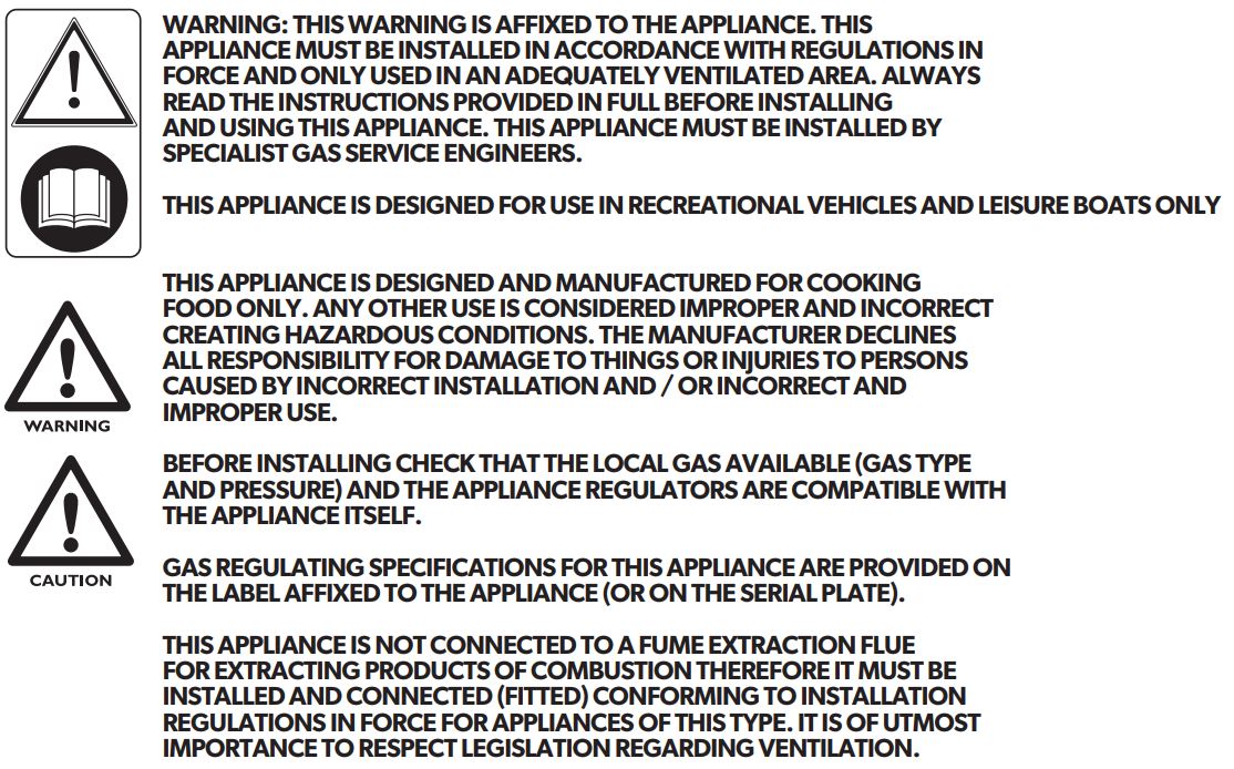 DOMETIC Cooking Hobs and Monobloc Combinations Instruction Manual - SAFETY WARNINGS