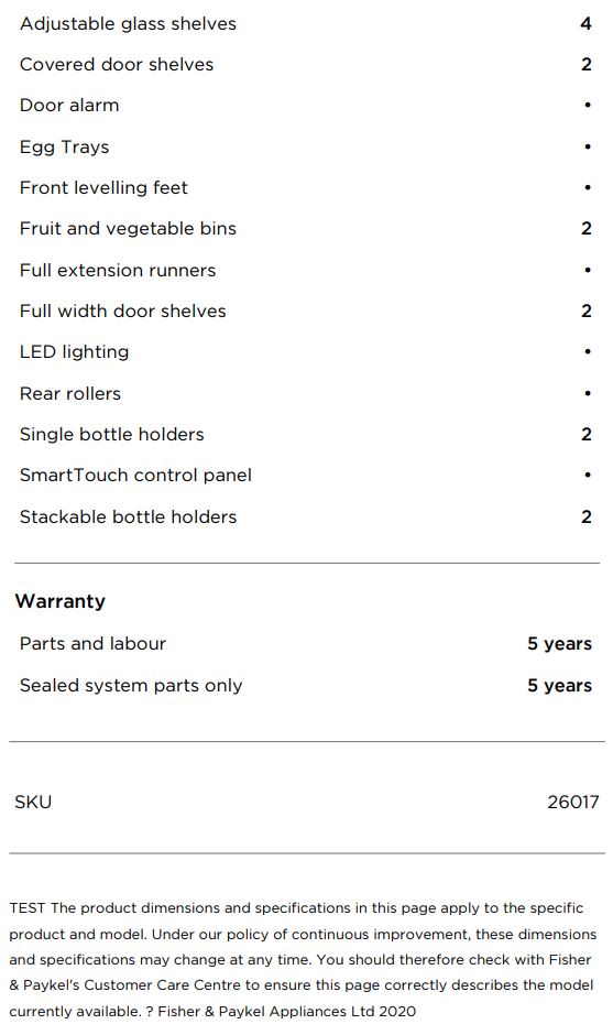 FISHER PAYKEL RF442BLXFD5 Freestanding Refrigerator Freezer User Guide - SPECIFICATIONS