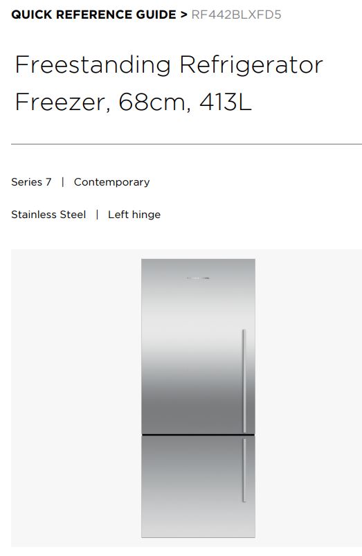 FISHER PAYKEL RF442BLXFD5 Freestanding Refrigerator Freezer User Guide