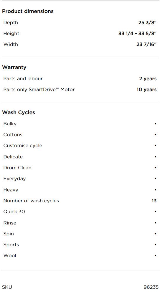 FISHER PAYKEL WH2424F1 Front Load Washer 2.4 cu ft Time Saver User Guide - SPECIFICATIONS