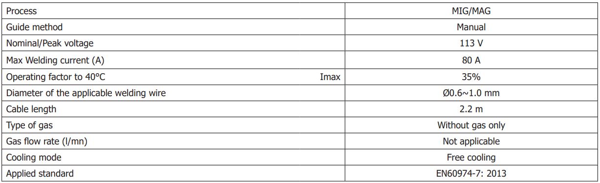 GYS SMARTMIG 110 No Gas Welder User Guide - TECHNICAL CHARACTERISTICS OF THE TORCH