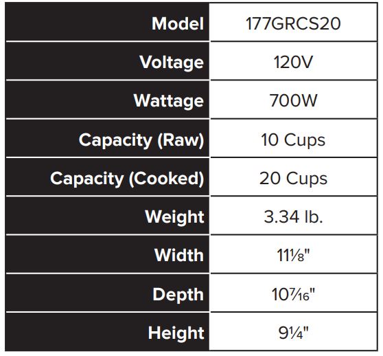 Galaxy Equipment 177GRCS20 Electric Rice Cooker - Specifications