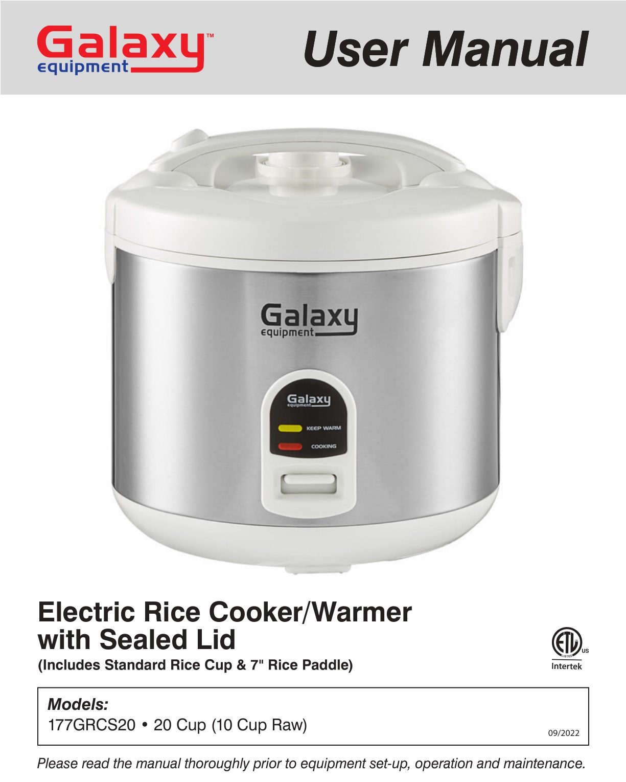 Galaxy Equipment 177GRCS20 Electric Rice Cooker User Manual