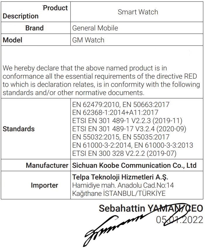 General Mobile GM Watch User Guide - Declaration of Conformity