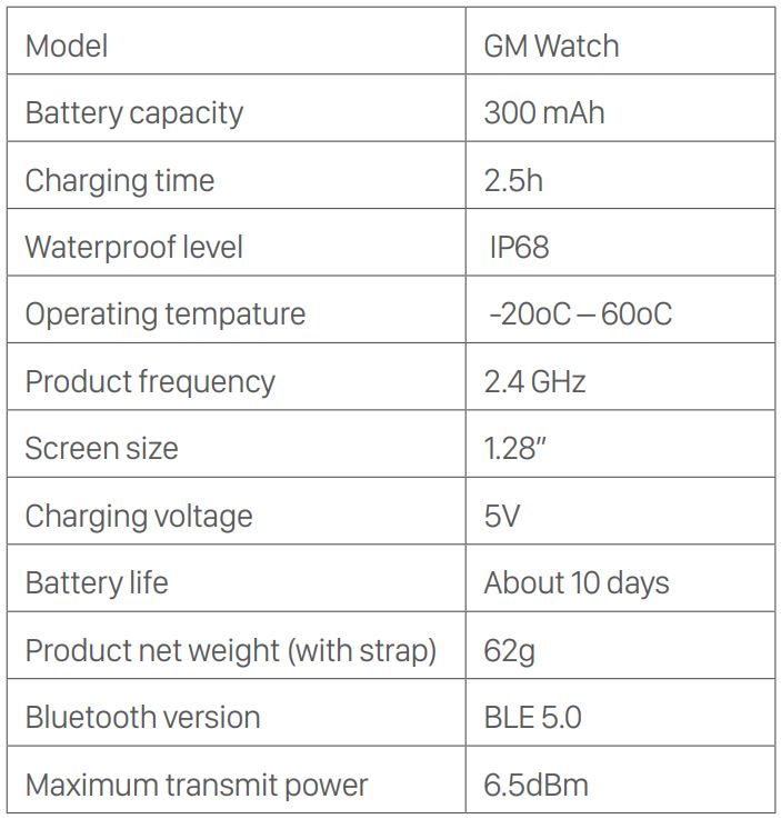 General Mobile GM Watch User Guide - Technical Specifications