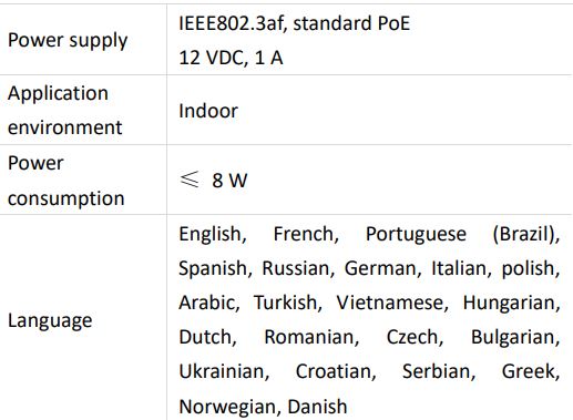 HIKVISION DS-KH9510-WTE1 Video Intercom Network Indoor Station Owner's Manual - Specification