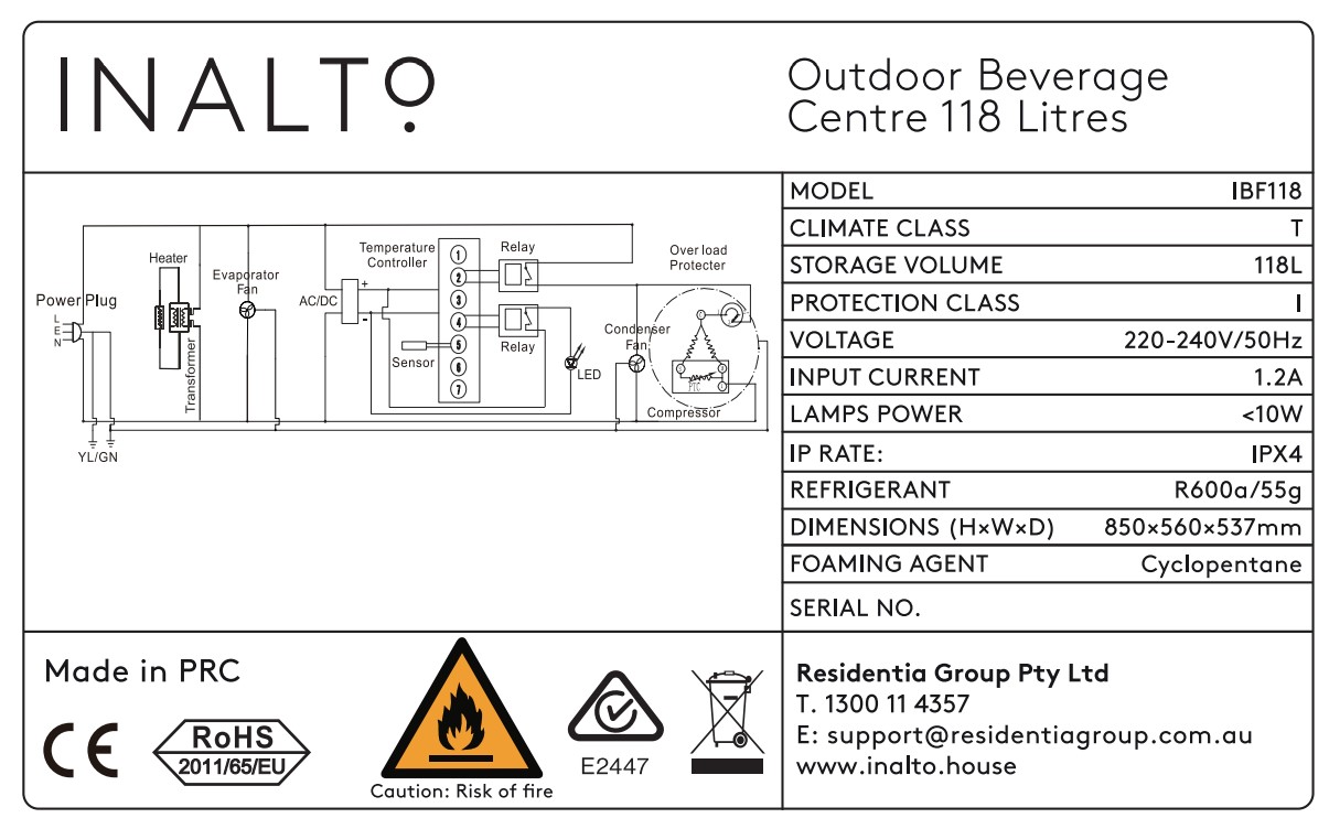 Inalto IBF118 Outdoor Beverage Centre 118 Litres - Specification and Technical Parameters
