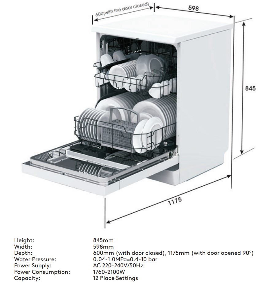 Inalto IDW604W 60cm Freestanding Dishwasher - Technical Information