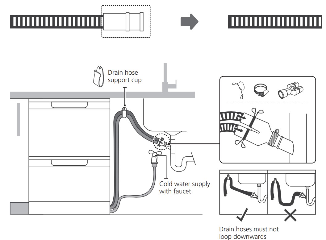 Inalto IDWD60DS 60cm Double Dishwasher Drawer - Cut off the head of the drain hose