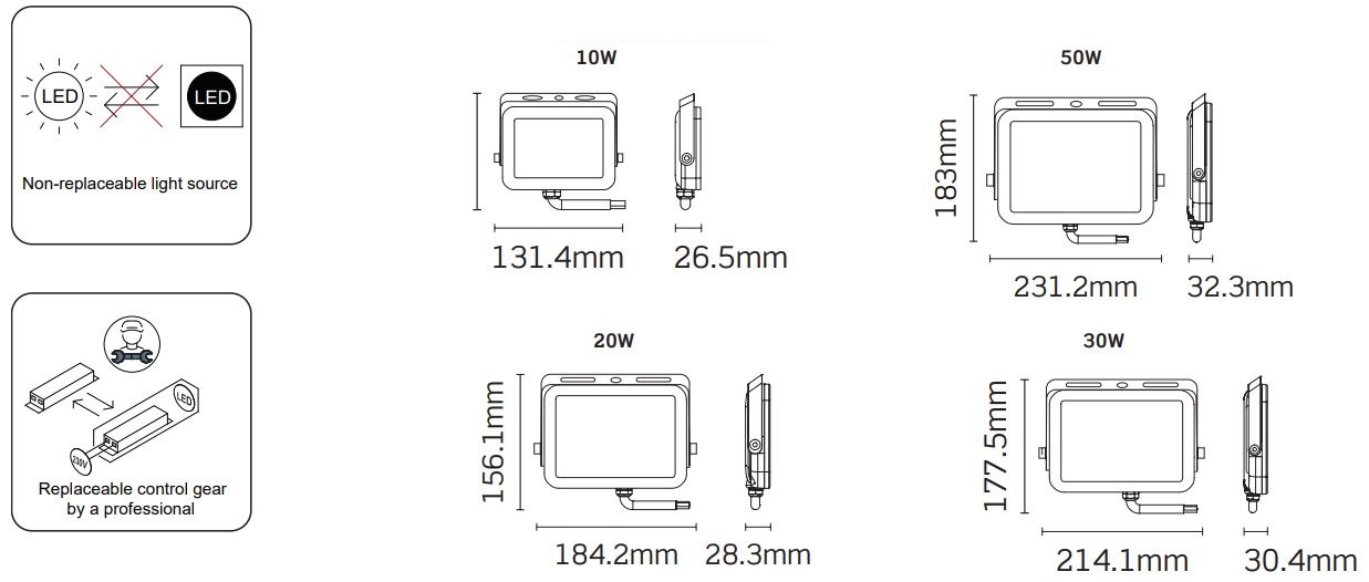 LEVITON JCC LED Floodlights Instructions - Profile & Dimensions