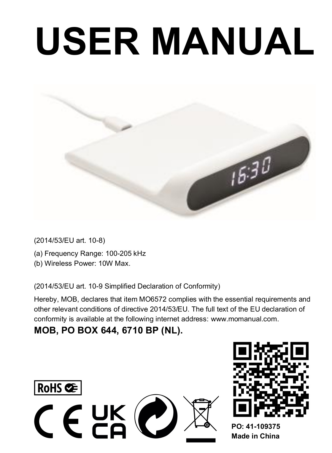 MOB MO6572 10W Wireless Charging with Alarm Clock User Manual