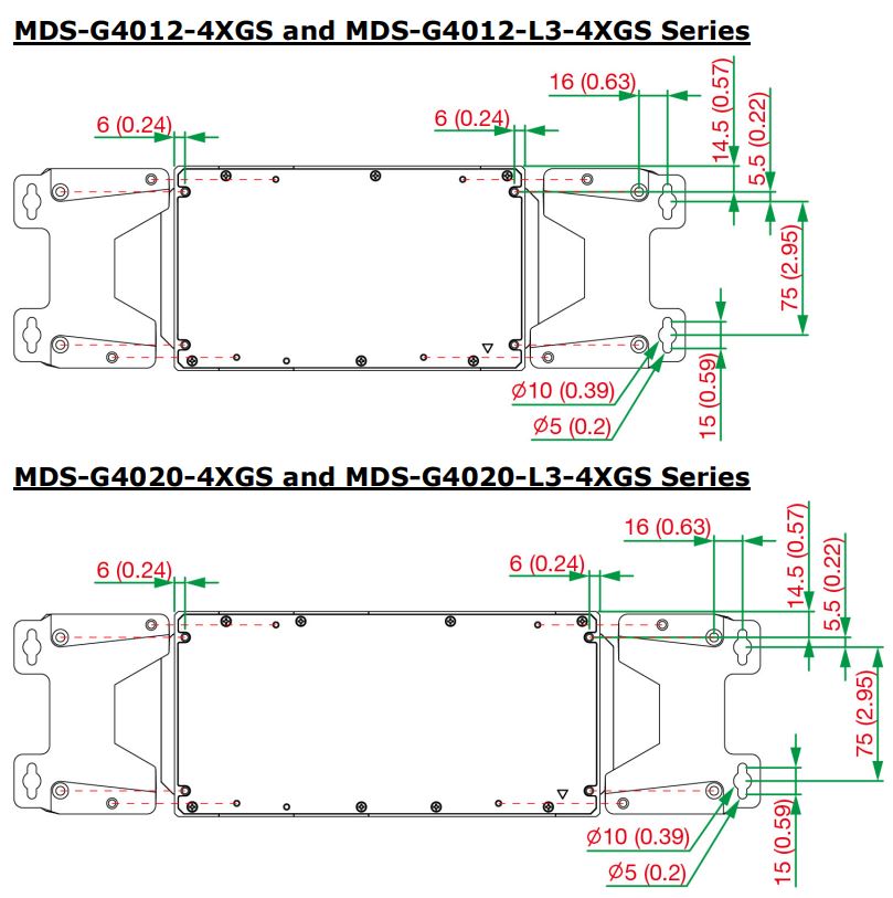 MOXA MDS-G4000-4XGS Layer 2 Managed Switches Installation Guide - Wall Mount Dimension and Instructions